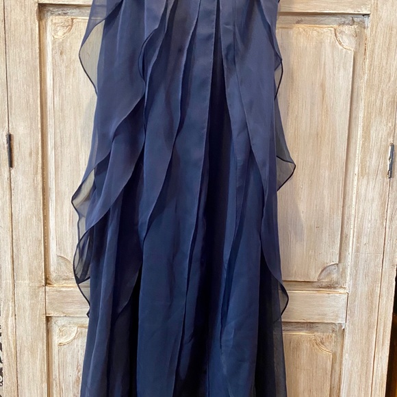 Navy Blue Tiered One-Shoulder Chiffon Gown - Picture 6 of 7